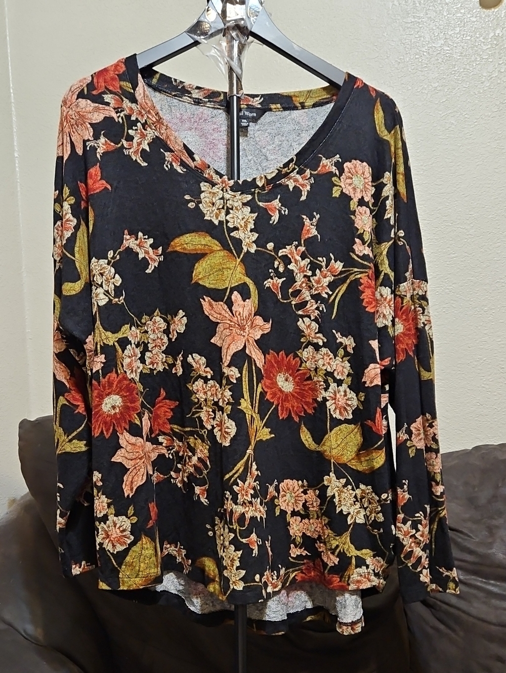 Well Worn Black Long-Sleeve V-Neck Top with Red & Mustard Floral